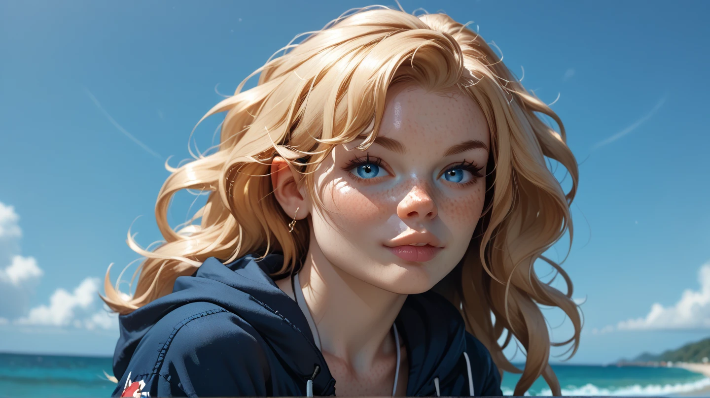 1girl, freckles, solo, blonde_hair, long_hair, blue_eyes, looking_at_viewer, breasts, swimsuit, mole, upper_body, hoodie, lips, small_breasts, bra, ocean, underwear, cool backgrounds wallbody_freckles