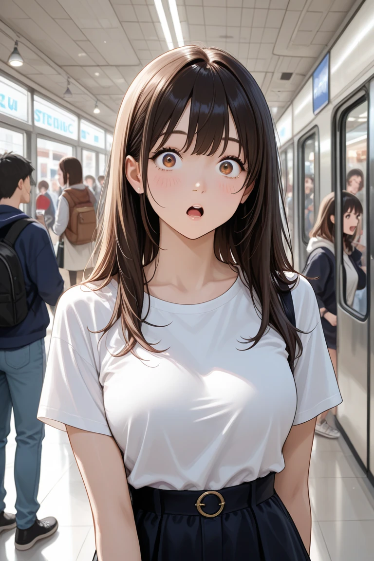 masterpiece, High resolution, perfect face, Korean beauty, 30 years old, beautiful face, in the crowded train, T-shirt, skinny pants, embarrassed look, look at the camera, (top quality eyes), detailed texture, look at me, Married woman, cool women, ((high resolution eyes))
