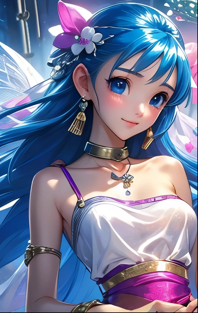 (((SFW、Highest quality、 first class masterpiece 、 Normal Body 、32k、 detailed face 、super precise、 normal hand、5refer to、Highest))) flora、"Dorakue characters"、beautiful girl、Blue and silver hair、Glowing Hair、beautiful breasts、Slender、 slim、Petite、 can be used、masochist、Blushing Embarrassingly、watery eyes、white ultra-thin erectile nipple see-through nightgown、See-through skin、First Night of a Slave、Slave Iron Collar with Chain Lead、The Fall of Slaves、bedroom、A lot of chains