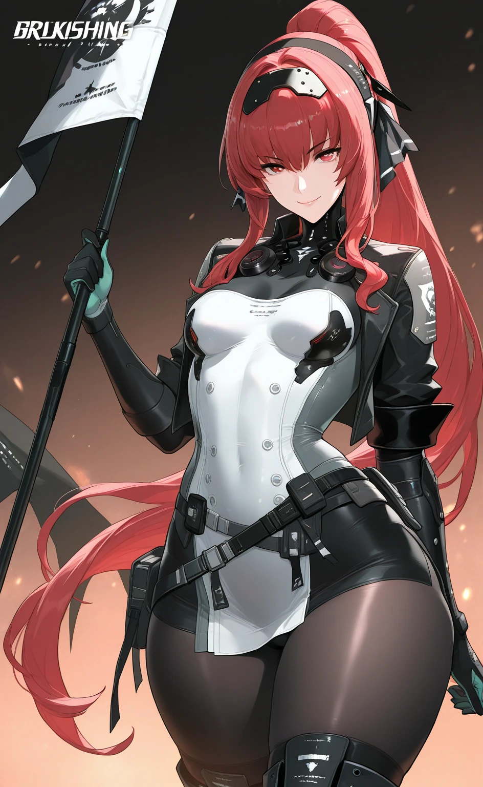 long red hair woman wearing black color stempunk clothing with exoskeleton armor with chains faceless black mask full body looking at viewer white background