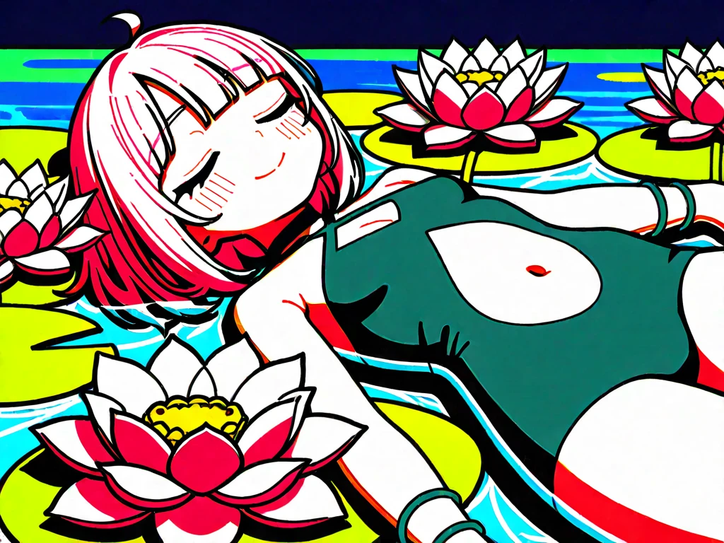 a young girl 15 ,, short wavy hair, platinum pink hair, iridescent eyes, very thin body , very small breasts, Wide hips, small waist , shining lips , (naked), , very small young woman and thin , on a peach branch, wreath made of cherry branches , surrounded by peach blossoms , flirtatious smile, eating a peach with semen