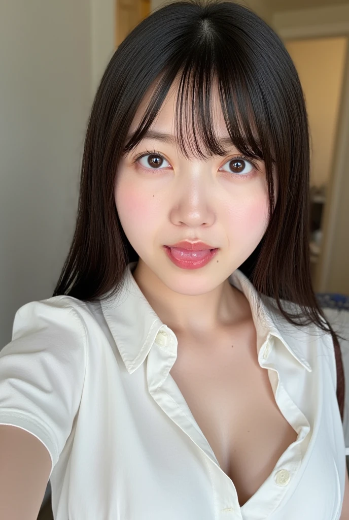 highest quality,masterpiece,Ultra-high resolution,(Realistic:1.4),Beautiful lighting, (Highly detailed CG Unity 8k wallpaper), Beautiful face in every detail,Detailed clothing, 50mm portrait photography, No background、One Girl,Big black eyes, cute, young, stop temporarily, Facial Lighting, Physically Based Rendering,Written boundary depth , Black Hair, Medium Hair, ((Take from above)), Japanese women、20-year-old、White shirt、(Big Breasts)、(Upper Body)、Young and beautiful woman taking a selfie, Taken with iPhone camera、In front of a white wall