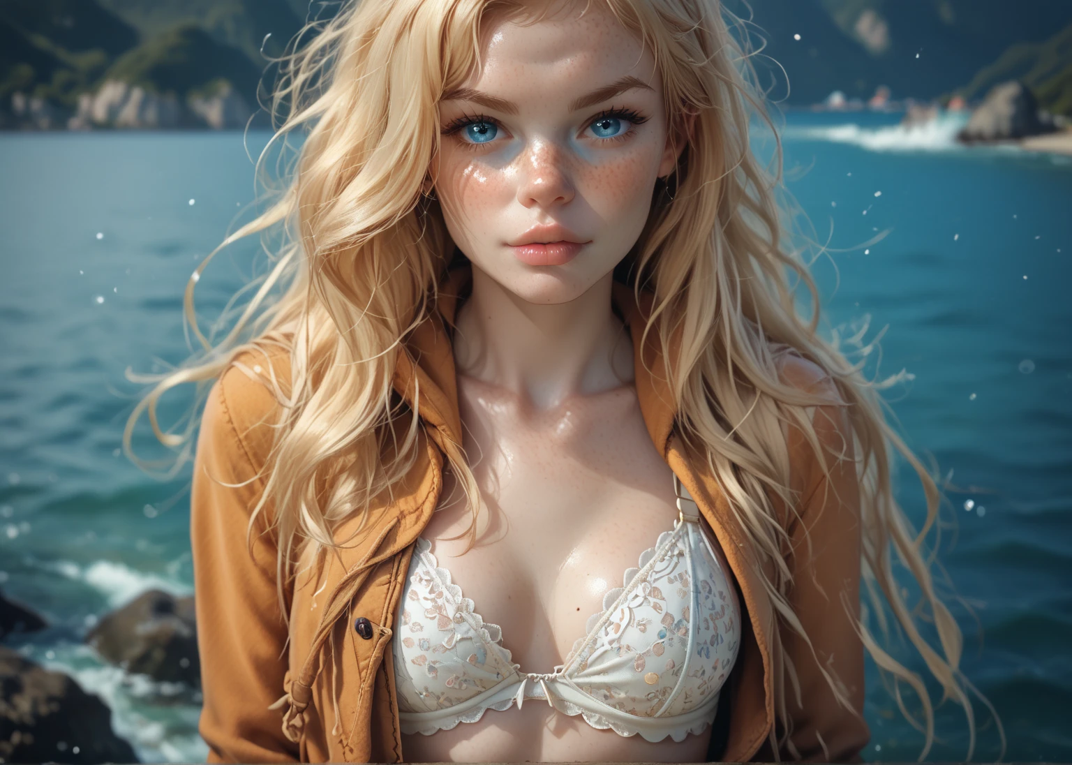 1girl, freckles, solo, blonde_hair, long_hair, blue_eyes, looking_at_viewer, breasts, swimsuit, mole, upper_body, hoodie, lips, small_breasts, bra, ocean, underwear, cool backgrounds wallbody_freckles