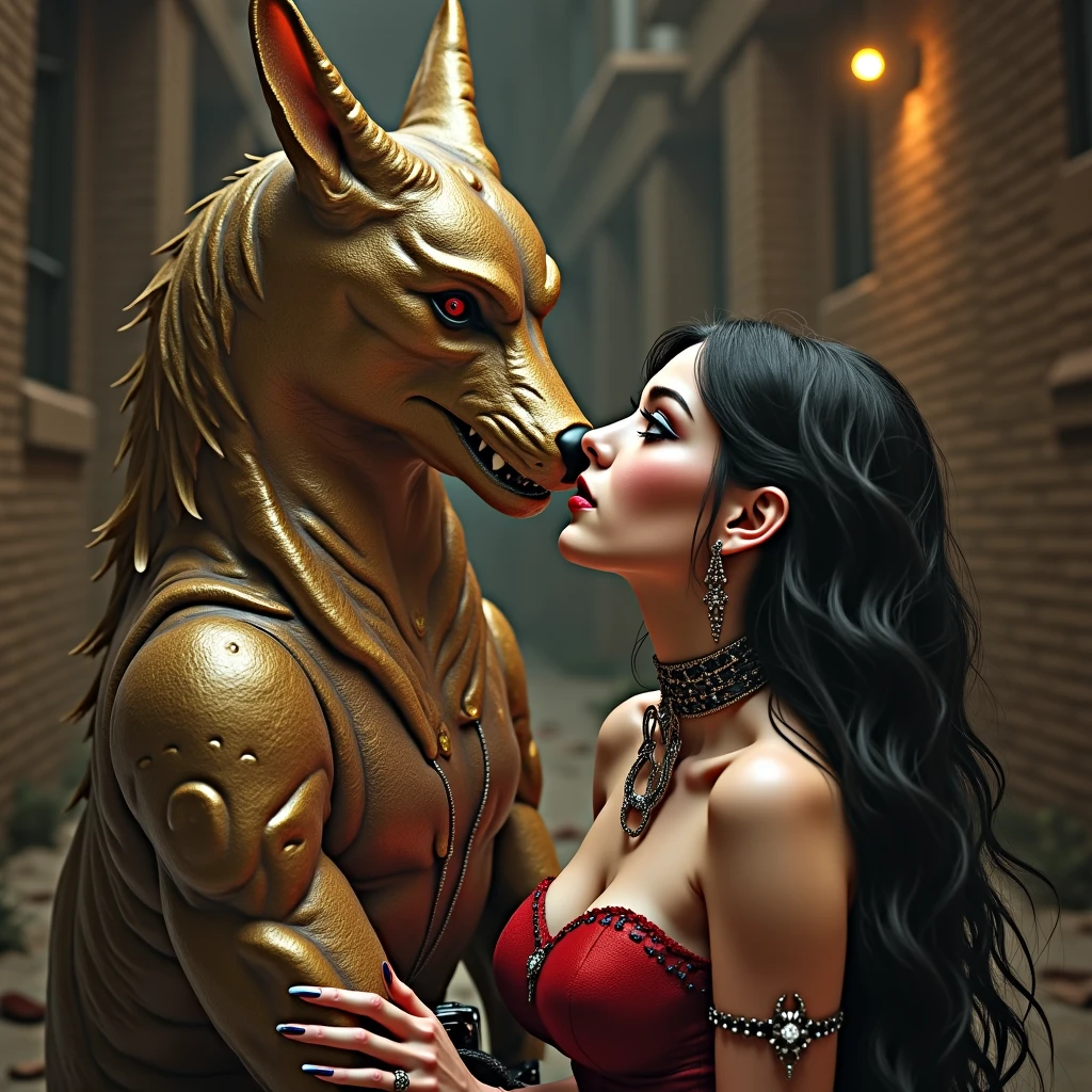 A goat-looking devil tempting a sexy witch by whispering in her ear