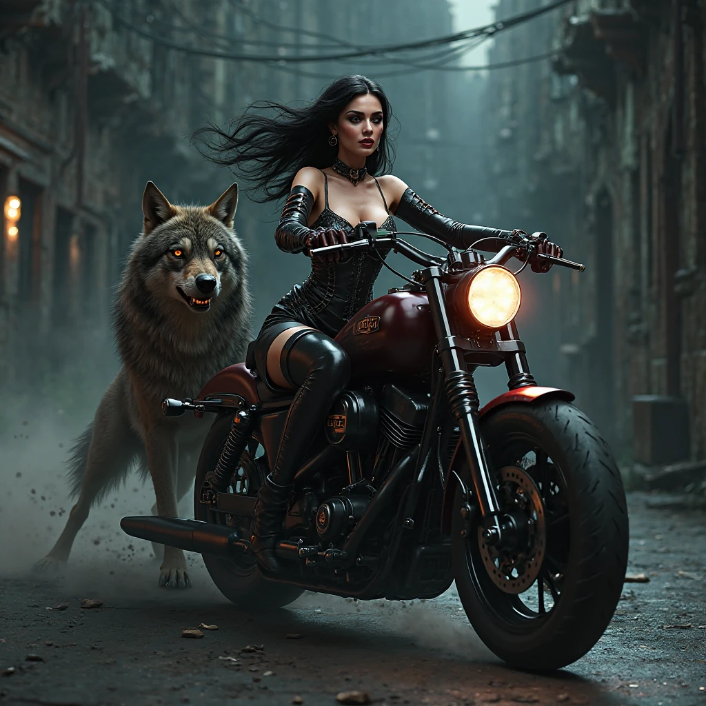 an ultra-detailed hyper-realistic photograph of a beautiful barbarian woman riding a black wolf proportionately sized to a futuristic mount wearing sunglasses in a dystopian city, ragged clothing, long wild hair, detailed symmetrical brown eyes, detailed pretty face, environment apocalyptic, exquisite details, 30 megapixels, 4k, Canon EOS 6D Mark IV DSLR, 55 mm lens, sharp focus, intricate details, long exposure time, f/8, ISO 100, 1/125 shutter speed, backlight diffuse, award-winning photography, frontal, looking at camera, monovisions, perfect contrast, high sharpness, body girth, depth of field, ultra detailed photography, raytraced, global illumination, TanvirTamim, smooth, ultra high definition, 8k, unreal engine 10, ultra-sharp focus, award-winning photography, trending on artstation --auto --s2