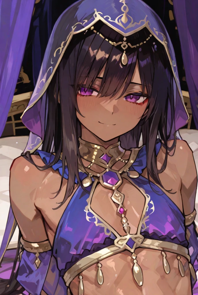 Young black boy, black skin, Long black hair, Jackal's ears, violet eyes, pharaoh, open torso, Smile, Masterpiece, hiquality