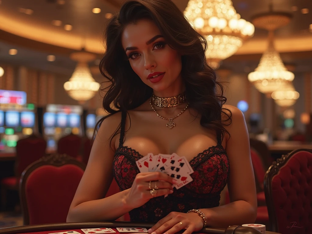 There is a female croupier in a low-cut red dress in the casino dazzling eyes and jewels in her hair, hands reach for the lens, eyes hook the soul seduces you, a casino covered with jewels, inside a casino, casino, Vesper Lynd de Casino Royale, online casino logo, screenshot of a stunning screen, Playing Poker, video game screenshot, White Widow, levitating cards.

