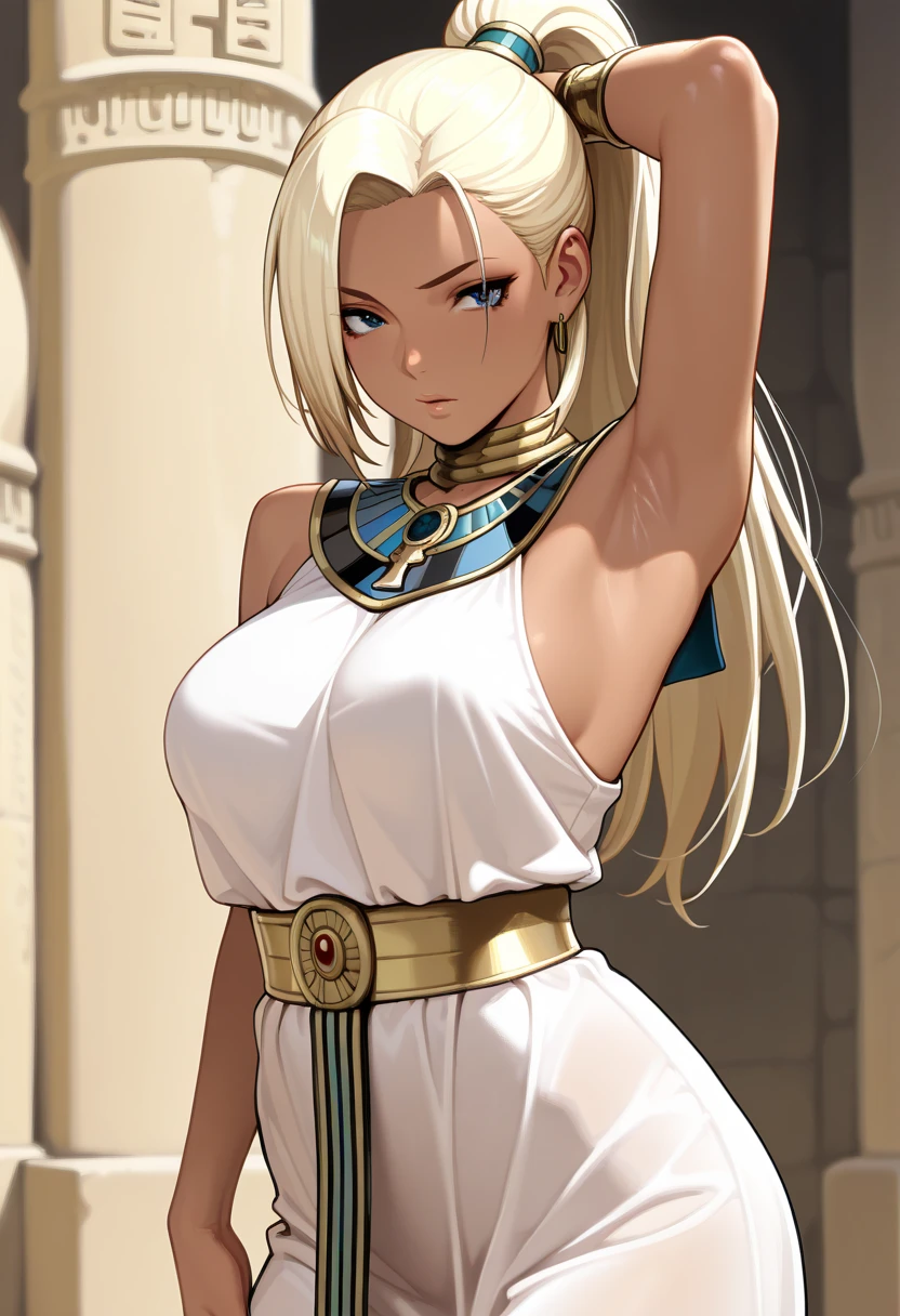 tall woman, half shaved blonde hair, simple short tunic, belrcore