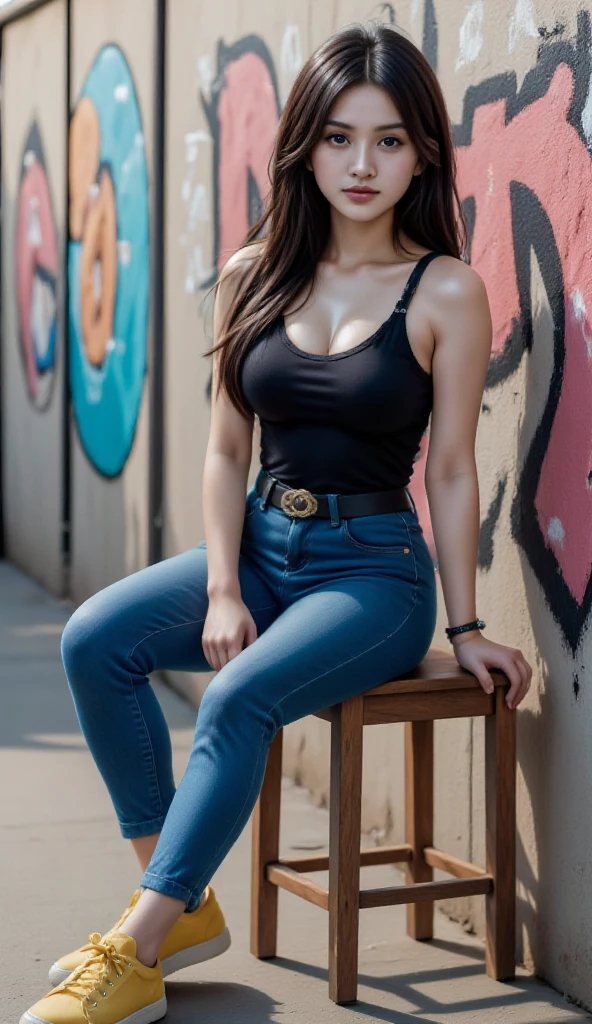 award-winning glamor photography,((Mejor calidad)), ((Obra maestra)), ((realista)), ojos penetrantes, mirando directamente, muy feliz, por los negros, south american roots, Brown high heel boots, jeans azul claro, top corto rojo, bigger chest, culo mostrando, adentro, daylight in the afternoon