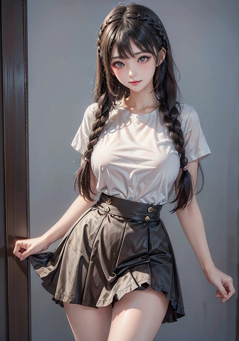 (masterpiece), (Highest quality), (Super detailed), (8k),(One girl),((Anatomically correct)) ,14 years old,Cute junior high school girls,(white lace bustier dress),(Cleavage), Are standing, View your viewers, (interview), (Simple Background),Big eyes,Droopy eyes,Glossy lips, (High saturation), Focus on the face, bangs, Best lighting, Best Shadow, Long black hair,Cute hair accessories,(No bra),(Pink nipples), ((mini skirt:1.5)),((I can see your thighs)),(White lace panties),