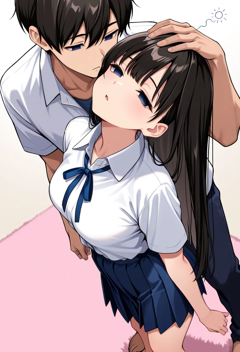 small petite, petite body, hair untied, hair down, small head, flat chested,Dark Hair, short, sailor outfit, on all fours doggy position,man standing infront pants down, pull your pants down, girl mouth open, sucking, sucking hard, licking, mouth open, in mouth, , side view