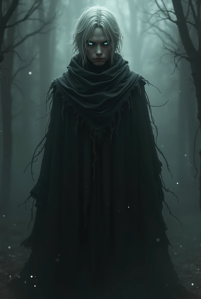 A young brooding figure draped in dark, tattered robes, with swirling ...