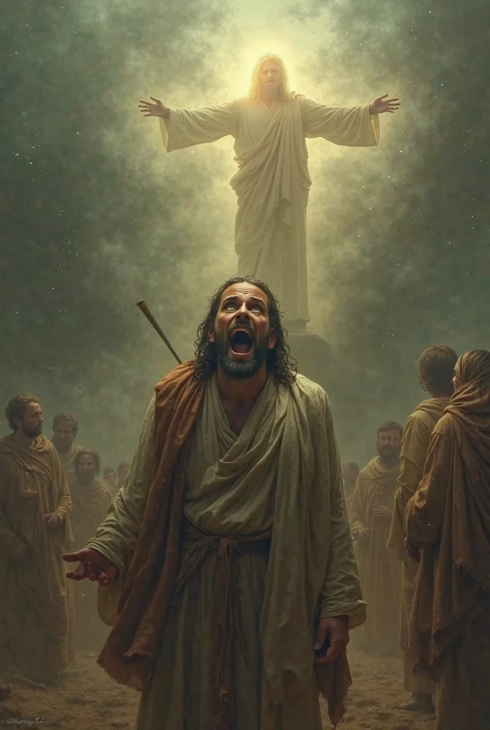In the background Jesus Christ and in front of him a modern man weeping.