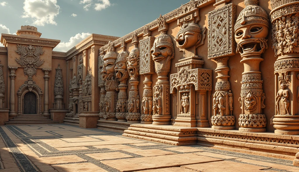 An ancient Indian castle abandoned centuries ago, with deep cracks on wall statues of gods and goddesses incarnated on the walls, 
