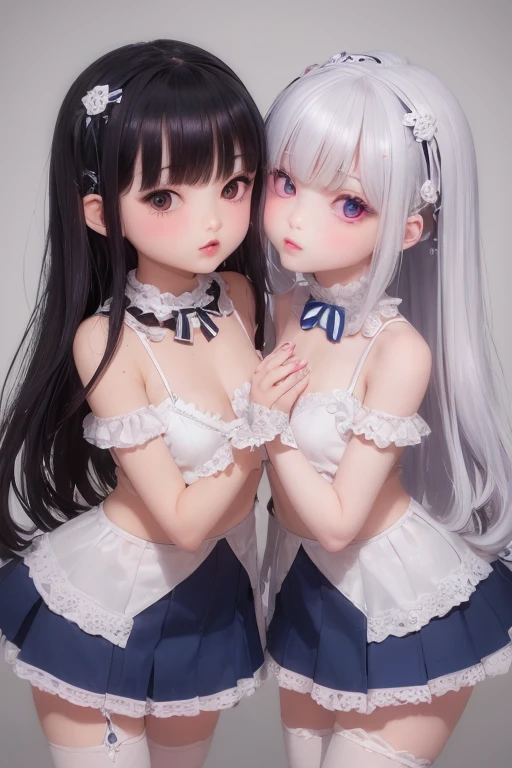 Need,tmasterpiece,,Two people,whaite hair,Golden eyes,Manteau blanc,Look up,full bodyesbian,Hairline,White skin of the,SideBraid,ear studs,White panties fall off below the knee,Half of the chest is exposed,Little blonde girl sitting side by side on the floor,Open your legs to reveal your panties, Realistic anime littdering, render of a cute 3d anime girl, Anime,Wear a low cut,Miniskirt,Blue and white striped socks,carrying red school bags,saliva