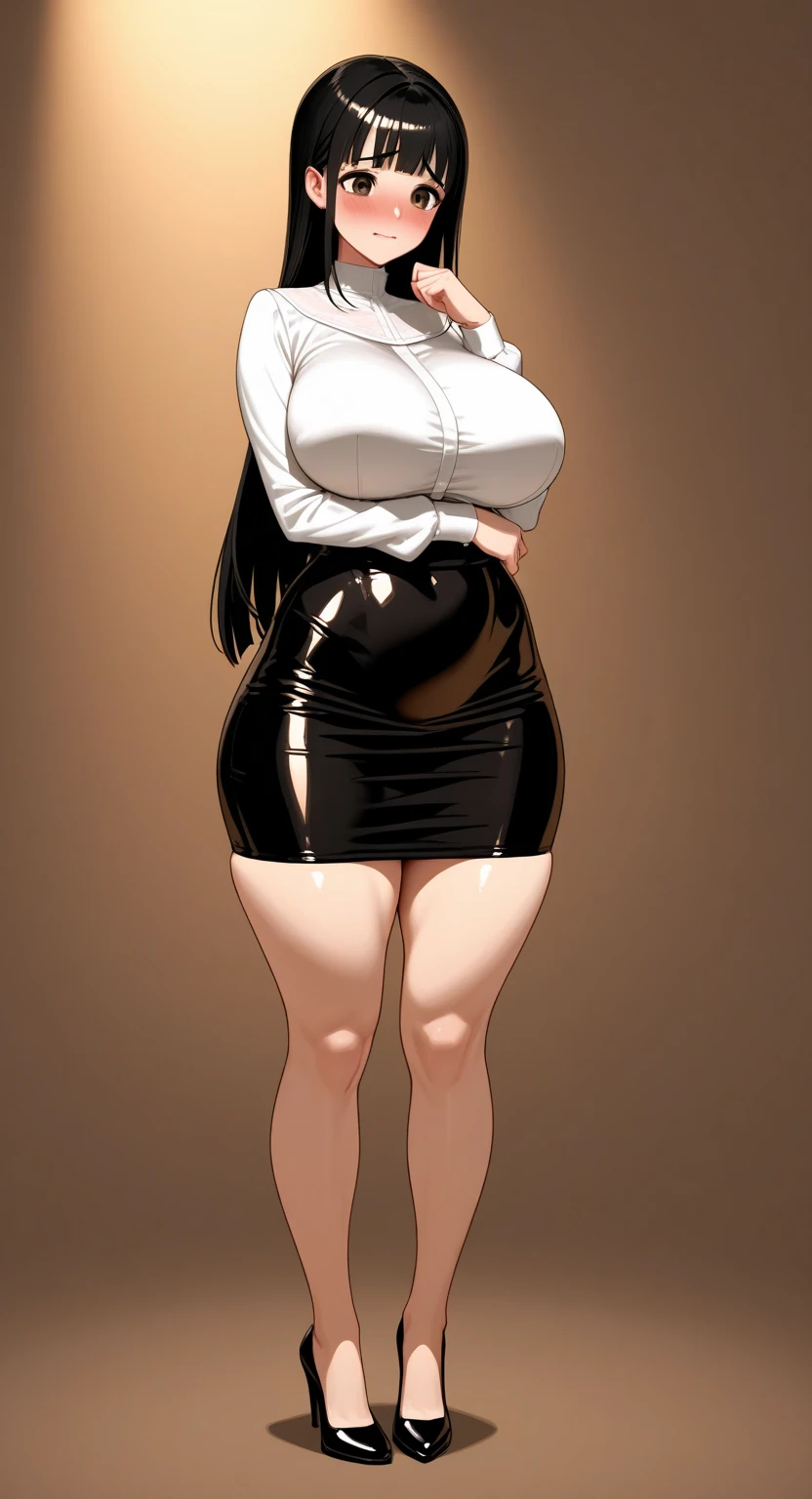 milf, black curly hair, curvy, pale skin with freckles, white button down shirt, fitted black skirt, heels, socks, worried face, blushing cheeks, stage inside elevator