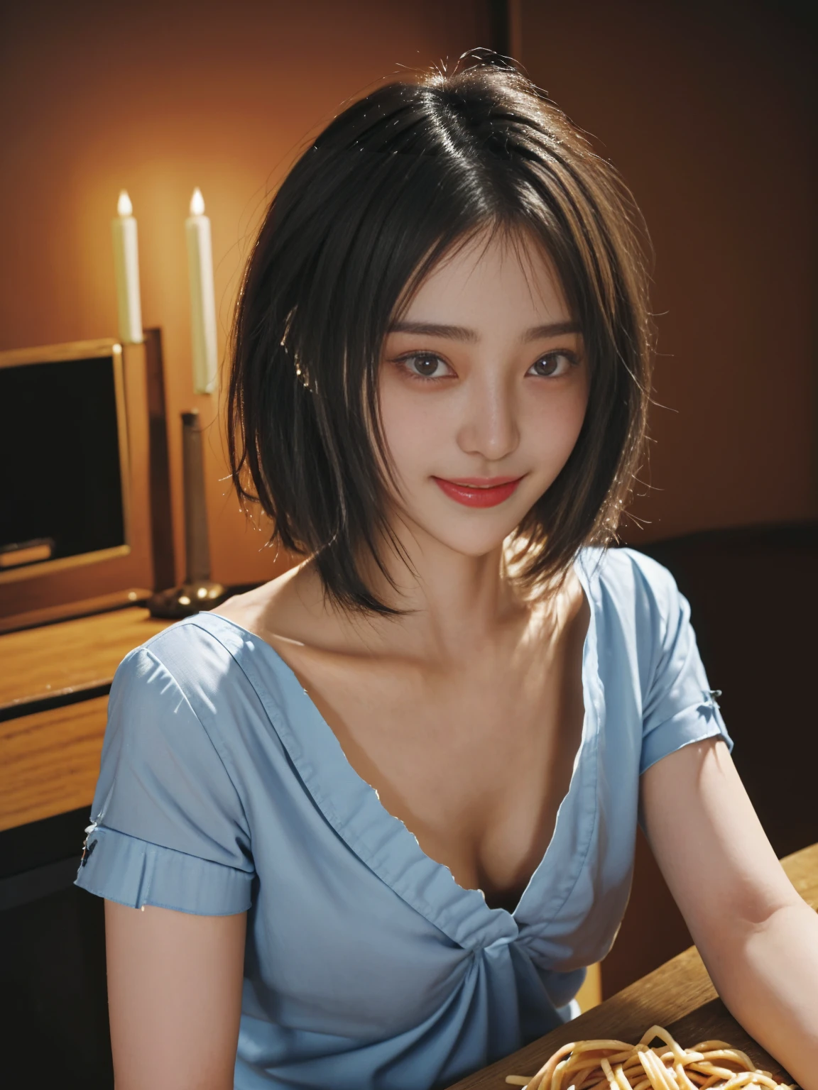 (highest quality,masterpiece:1.3,Ultra-high resolution),(Super detailed,Caustics,8k), (Photorealistic:1.4, RAW shooting),darkness,Dark studio,Japanese,20-year-old,smile,Natural Makeup,Black Hair Middle Hair,Black Shirt,Big Breasts,Spotlight,Waist up shot