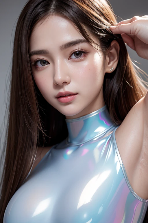 detailed face、detailed facial expressions、detailed hair、detailed arms、detailed legs、detailed hand fingers、Detailed toes、detailed crotch、beautiful girl、small face、A three-dimensional face that looks like a sculpture、double eyelid、Nasal muscles are high、Three-dimensional lips、smile、Long Wave Hair、髪の毛のLight pigment、eight-headed body、narrow shoulders、ribs stand out、slender、slim、rich breasts、small buttocks、long arms and legs、肌のLight pigment、taut and shiny skin、The mucous membrane is pale in color、Light pigment、Translucent skin、metallic light water blue bodysuit、Space Opera、inside the spaceship、no gravity、Float in the air and spread your legs apart、The Earth can be seen from the spaceship window、