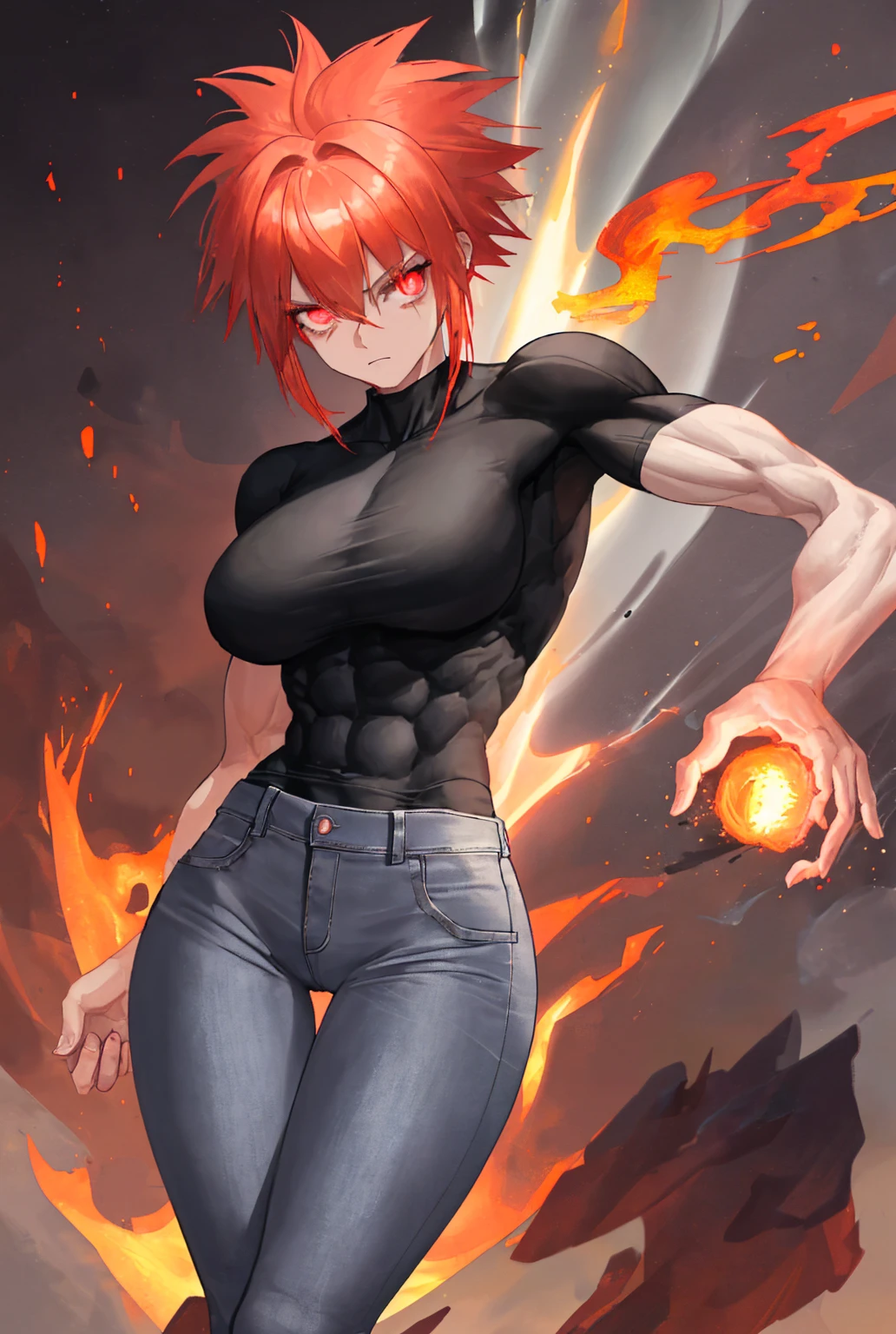 Tall tan female, messy red hair, fire hair, muscular body, big breasts, wide hips, big thighs, lifting skirt, panty shot, smug expression, silver eyes, draconic black horns, scale freckles, long red dragon tail, very tall, gorgeous, sexy, amazonian, buff, abs
