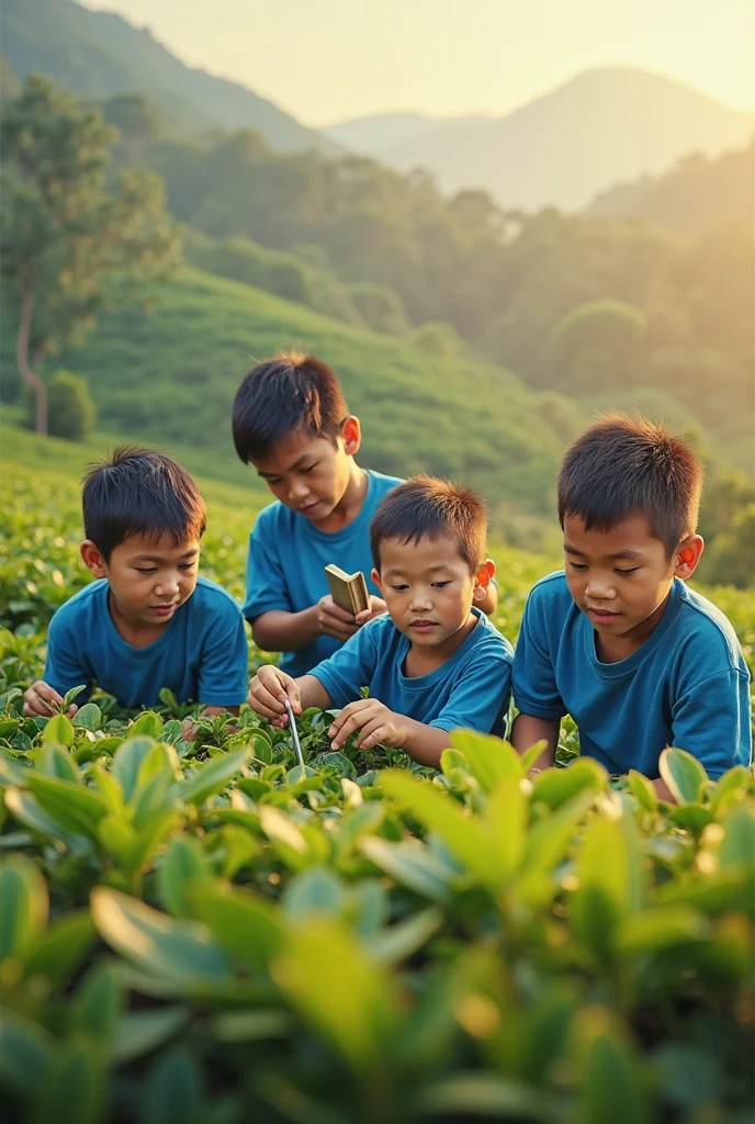 Group of 6 members boys holding the Tulsi plant photo in realistic manner 