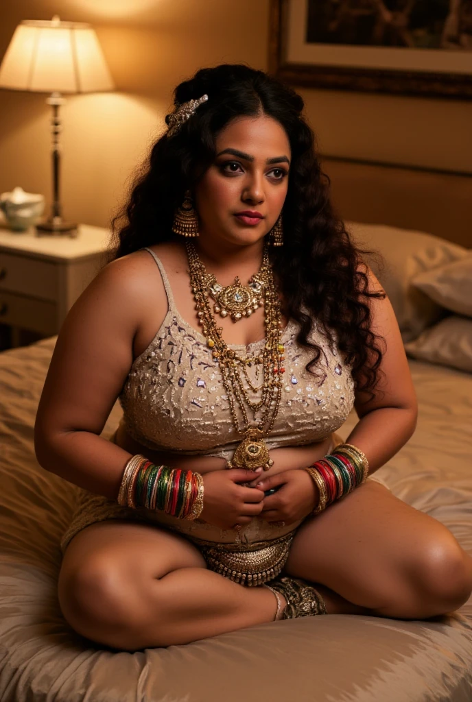 A fair-skinned Indian medium plus size woman, around 40 years old, with a chubby  and busty , is in a softly lit bedroom. She is  (without any cloths)  but fully adorned bridal jewelry—multiple layered gold necklaces, large jhumka earrings, an ornate nath (nose ring) with chain, colorful bangles, waist jewelry (kamarband), anklets, and a maang tikka. She is seated on a luxurious bed showing her  and thighs, her posture confident and graceful. Her long dark hair is styled with decorative accessories. The atmosphere is intimate and artistic, with warm lighting highlighting her curves and intricate jewelry details.