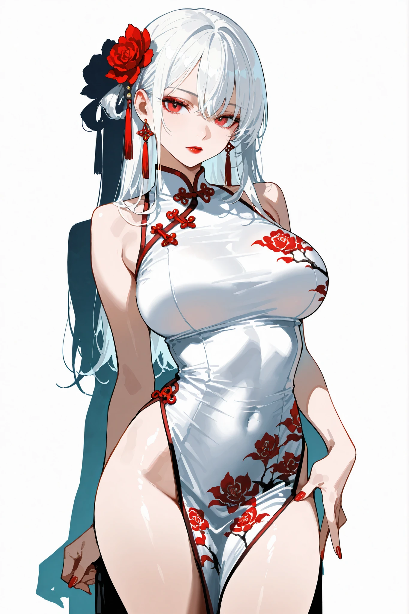 (masterpiece, best quality, ultra-detailed, 4K, high resolution), long white hair, large breasts, slender body, 20 years old, beautiful and alluring girl, wearing a pink Chinese dress, red lipstick, red nails, seductive and elegant, white background with red flowers, from thighs up, neutral expression, confident pose, realistic lighting, soft shadows, fine details, graceful and sexy atmosphere