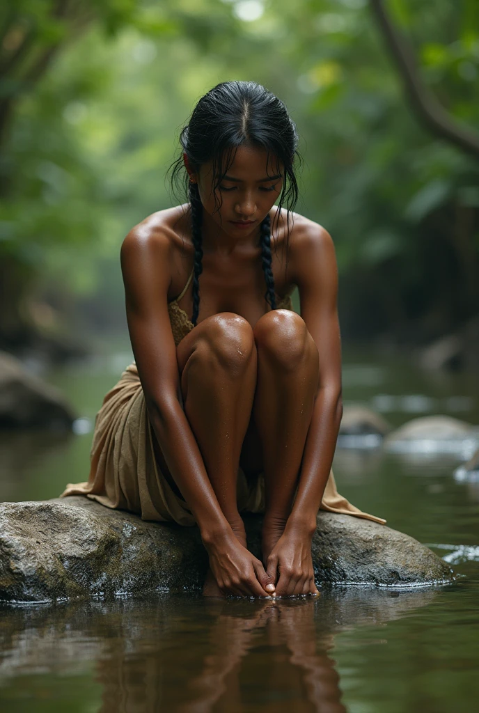A 52 years old naked Indonesian woman in peach color hijab, villager, poor woman, smiling and sitting on a wooden stool in a dark forest, look to the viewer with eye close, dense pubic hair, darker skin, curvier body, short body, flat-chested, small breasts