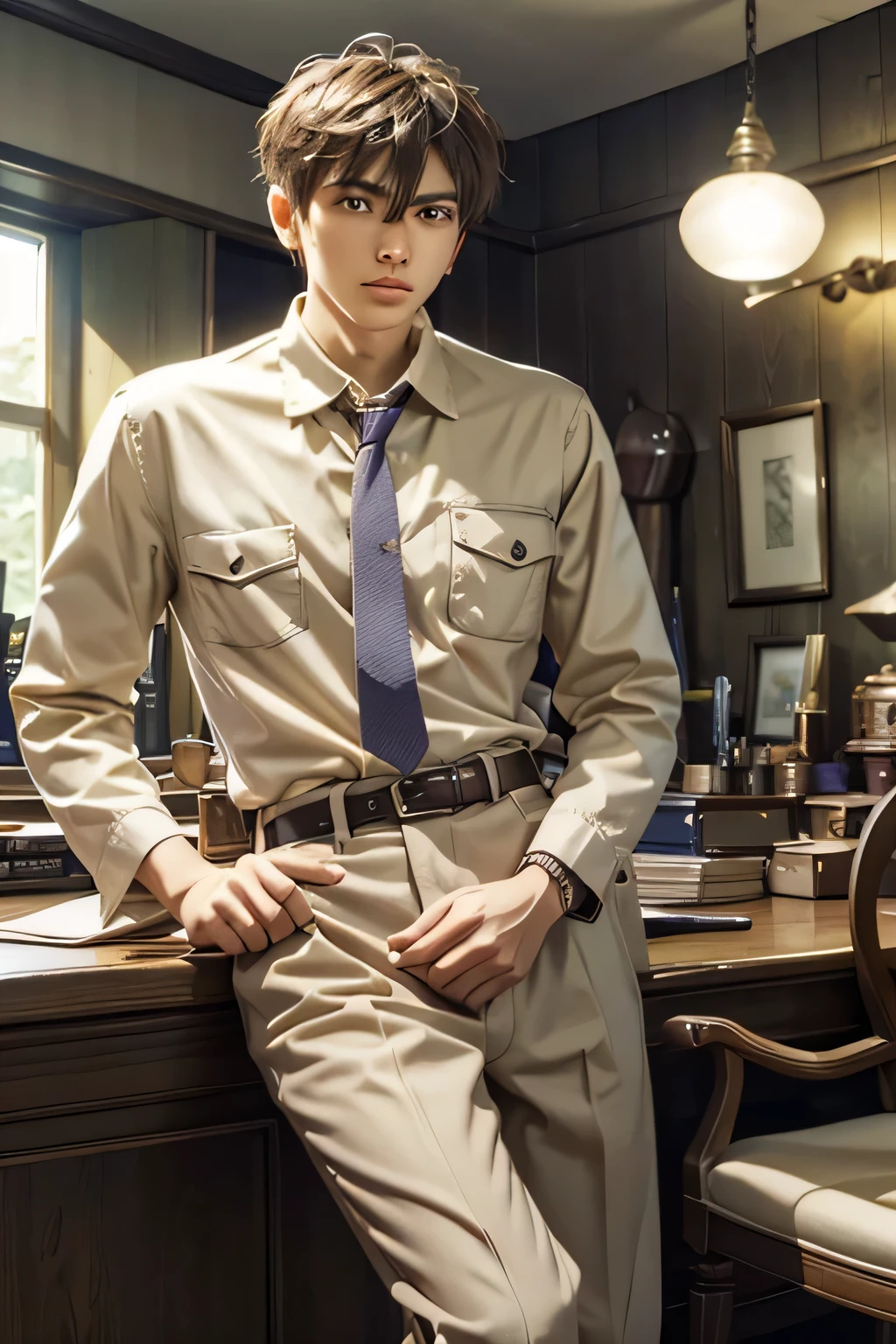 

"to create a high quality、with strong lighting to ensure clarity, , dark straight hair，with slightly bangs, and expressive brown eyes. he has a light beard，Appear confident, Focused expression,  looking straight ahead , not leaning left or right. an image of a young man with medium skin tones sitting on the chair behind the table, his young wife is standing next to him with a file， Look at him，The background should be neutral, Emphasizes shooting subjects and professional production settings, The scene shows him making a YouTube video."