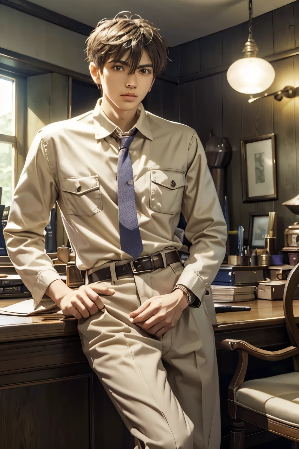 "to create a high quality、with strong lighting to ensure clarity, , dark straight hair,with slightly bangs, and expressive brown eyes. he has a light beard,Appear confident, Focused expression, looking straight ahead , not leaning left or right. an image of a young man with medium skin tones sitting on the chair behind the table, His young wife is standing next to him with a file, Look at him,The background should be neutral, Emphasizes shooting subjects and professional production settings, The scene shows him making a YouTube video."