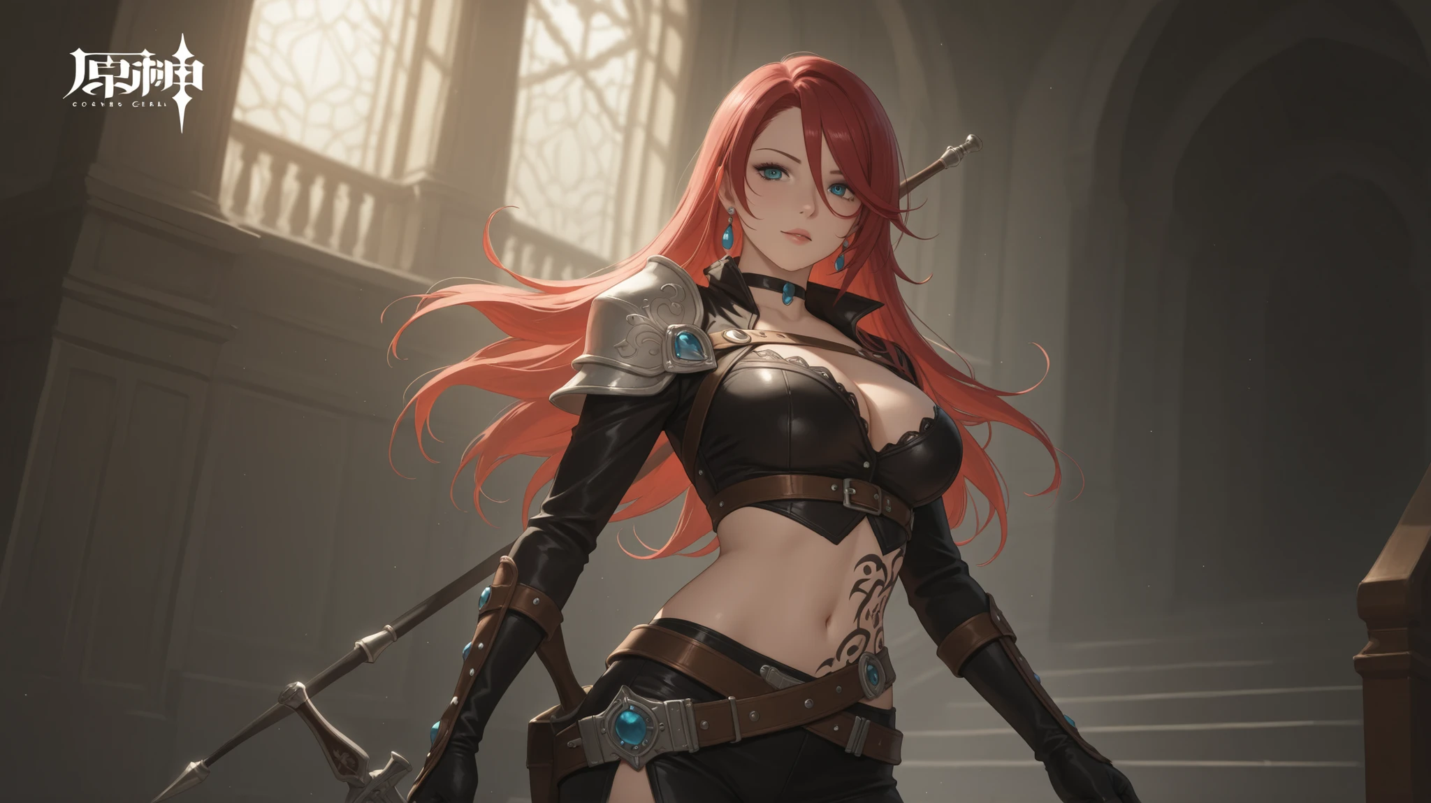 (((top-quality, masterpiece))), (best quality), (detailed), (((one young girl))), (solo girl), (wooden elfe girl), happy, charming, smiling, ((highly detailed beautiful face)), delicate girl, delicate face, ((red hair)), long hair, braids,  bleu eyes, dark look, focused, ((small breasts)), nice hips, flat belly, slim waist, define collarbone, (((sofisticated and detailed brown leather clothes))), ((sexy laces top)), large cleavage, (((long brown leather boots))), ((chocker)), ((warrior, standing, protecting, bow, sword, guardian)), sexy pose, cinematic shadow, sweet forest atmoshpere,