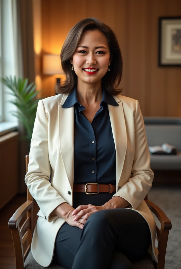 (masterpiece:1.4),(60-year-old woman:1.5),(Facial wrinkles : 1.2), (Medium Hair), (sly smile : 1.2), beautiful Mature Woman, (stylish school uniform blazer open front : 1.1), black blazer, (long sleeve white blouse : 1), (mid-length pleated skirt with delicate fabric : 1), Acne, Skin blemishes, fleckled skin, (Muscular arms : 1.2), (plump thighs : 1.1), Wide Hips, in the evening, twilight time, warm lighting, indoor gym, school uniform