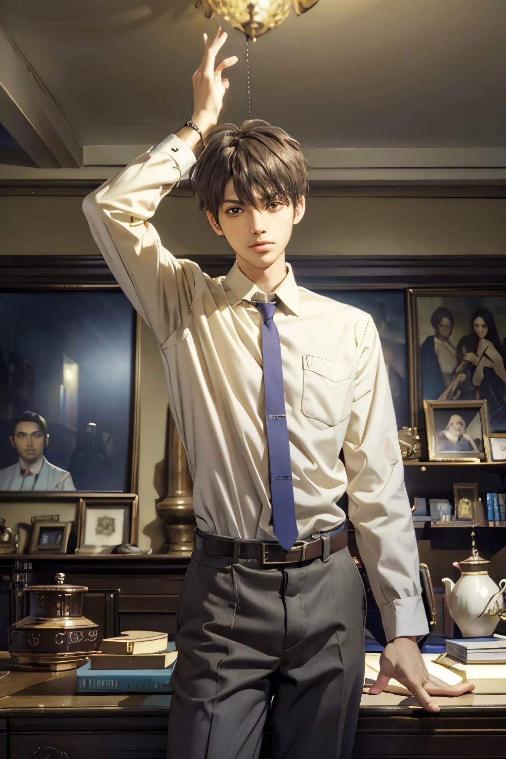"to create a high quality、with strong lighting to ensure clarity, , dark straight hair,with slightly bangs, and expressive brown eyes. he has a light beard,Appear confident, Focused expression, looking straight ahead , not leaning left or right. He's standing beside his desk,The house is full of famous paintings, antiques, and jewelry,The background should be neutral, Emphasizes shooting subjects and professional production settings, The scene shows him making a YouTube video."
