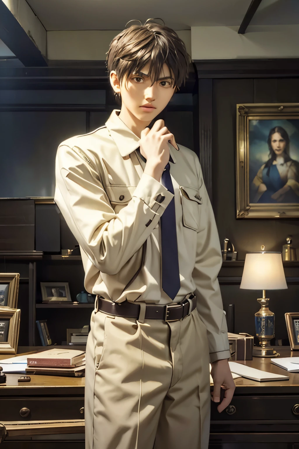 "to create a high quality、with strong lighting to ensure clarity, , dark straight hair,with slightly bangs, and expressive brown eyes. he has a light beard,Appear confident, Focused expression, looking straight ahead , not leaning left or right. He's standing beside his desk,The house is full of famous paintings, antiques, and jewelry,The background should be neutral, Emphasizes shooting subjects and professional production settings, The scene shows him making a YouTube video."