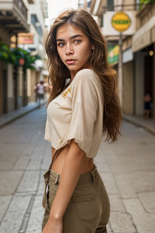 1 girl, naked, photo of a beautiful girl in a casual shirt, nude and low-slung , no shorts, no panties, hip gap, seam inside but,  nice ass, City street, messy medium hair, slender body, front view, Medium shot to the body, looking at the camera, sweet sensuality, shallow depth of field