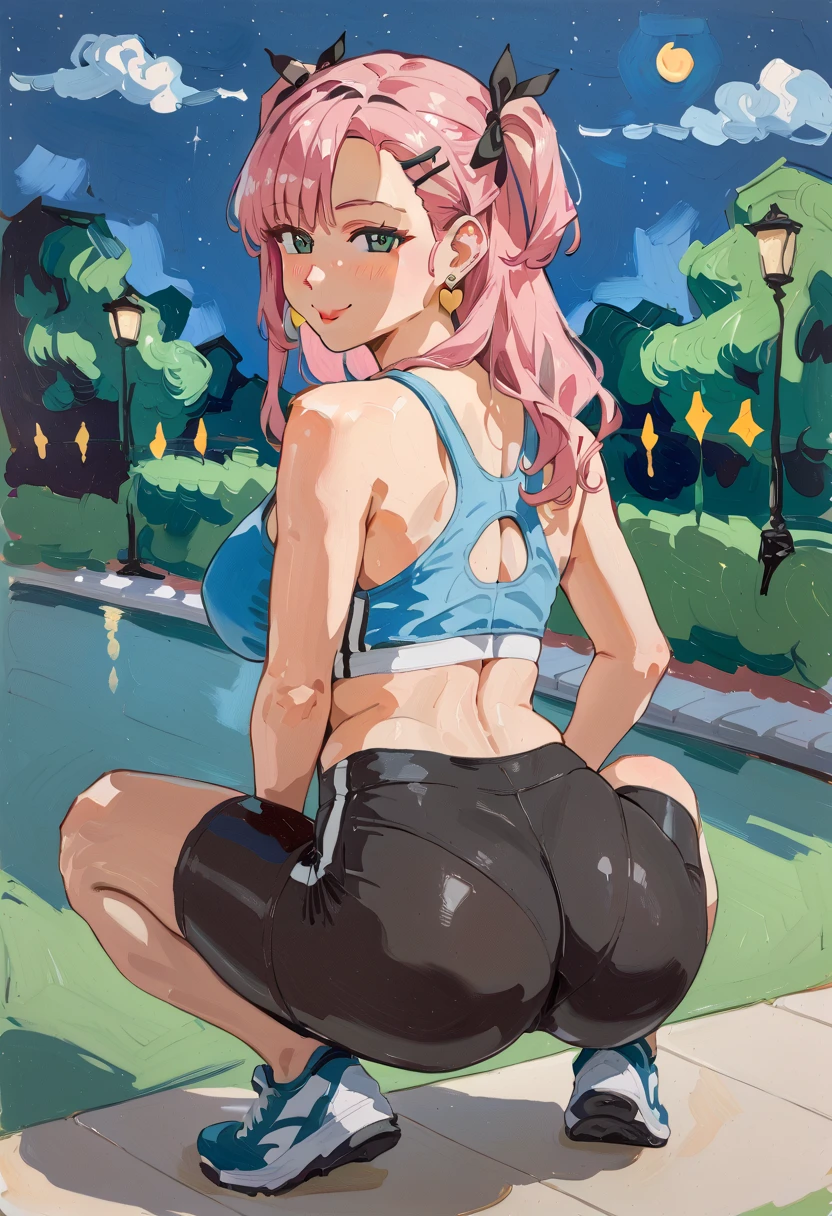 High resolution, Sakura Haruno, 1girl, ((bimbo))), long pink hair, ponytail, green eyes, puffy lips, painted lips, thick lips, wide hips, thick thighs, hourglass figure, small round breast, erotic smile face, sexy face, shiny skin, gargantuan huge ass size, Brazilian butt lift, white bikini, bubble Butt, pool, looking back, ass posing
