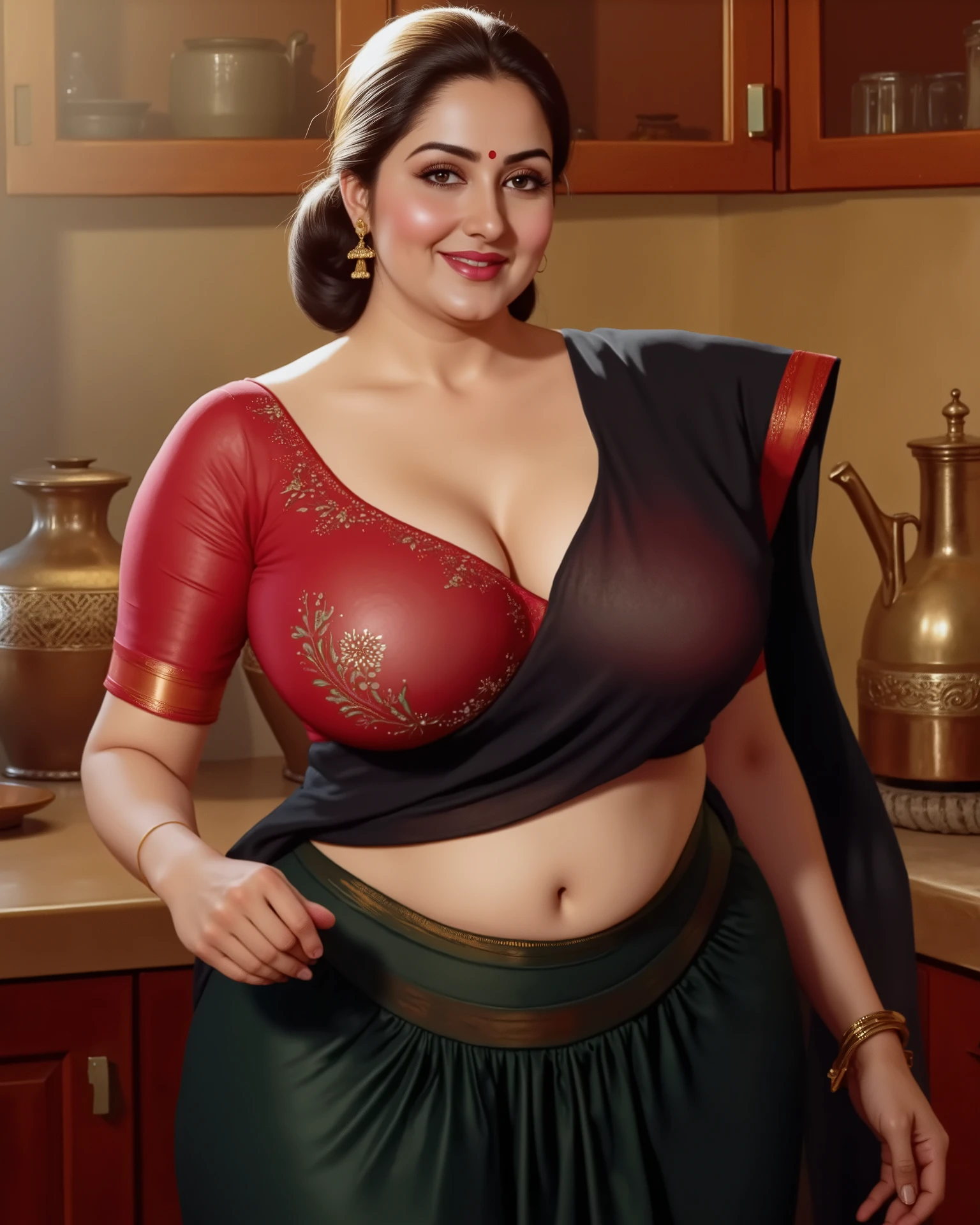 (Centered composition, cinematic lighting, detailed background) — A high-resolution, ultra-detailed painting in the style of renowned Indian artist Manimala. The scene shows a graceful, curvaceous Indian woman around 45 years old, dressed in a traditional black chiffon sari and a deep neck half-sleeves embroydered red colored bra that elegantly accentuates her large, full breasts. Her deep cleavage is prominently displayed, looking at camera, belly button exposed. She is standing in a warmly lit, traditional Indian kitchen. Her posture is elegant yet subtly seductive. She wears a red bindi, delicate gold earrings, and a neat traditional low bun with a few strands loose around her blushing cheeks.
Her warm smile and flirtatious gaze are directed at the viewer, creating an intimate and inviting mood. The background is softly focused, showing brass vessels, warm wooden textures, and the gentle glow of morning or evening light filtering in. The camera perspective is from the seated viewer’s point of view, heightening the feeling of personal attention. The overall style is vivid, colorful, and richly textured, blending traditional beauty with cinematic artistry — 8K, ultra-detailed, soft volumetric lighting, photorealistic, oil painting style, rich tones, goddess-like presence, evocative and serene.