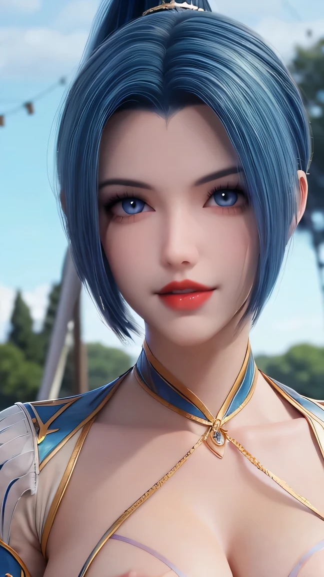 Score_9, Score_8_climbing, Score_7_climbing, source_True, Rank_ safe , high resolution image, Masterpiece, Drops , amazing quality, Brilliant details, intricate detail, clear , sharp focus, professional lighting, alone, 1Girls , A young Japanese woman, climbingper body, Cylindrical chest , blue hairอมชมพู่ปลายผม,Pale skin, blue hair, Short bob hair with ponytail, Pretty Face, Beautiful eyes , cute nose , smile (naked, Full face, Patchwork circle shape , Nipple chain :1.2), Brief History, looks at the audience, perfect hand, perfect anatomy, outdoor, large park, cherry trees along the line , , , blue sky and clouds,