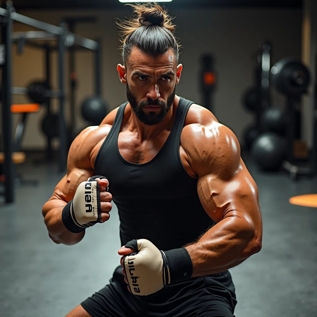 a man in a gym with GYM sports gloves GLOVES that will be broken in the middle of the finger, the man must be in a pink skirt 