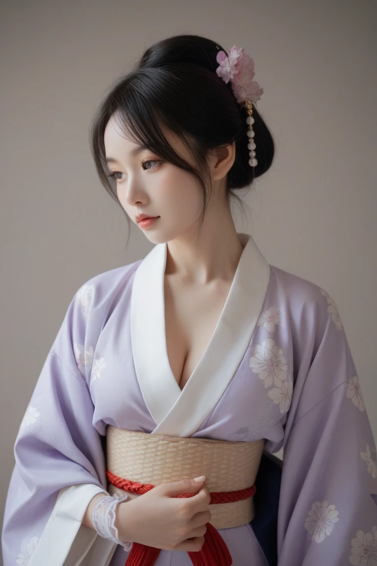 araffe girl in a kimono dress posing for a picture, in kimono, elegant Japanese girl, wearing kimono, korean model, Japanese kimono, Japanese goddess, traditional Japanese, in a kimono, wearing a kimono, pale and coloured kimono, white hanfu, kimono, wearing simple robes, classic kimono, wearing silk robe, wearing a simple robe, korean woman, heonhwa choe , big breast, show breast, light purple hair, Large Breasts,