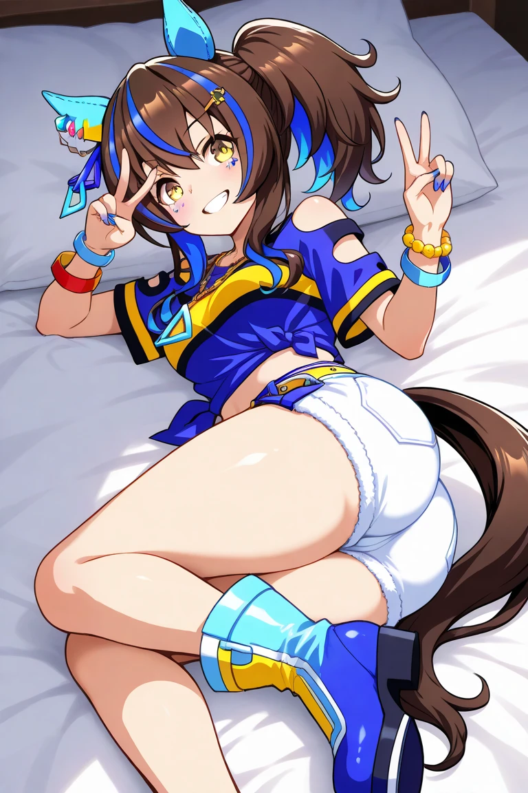 1Girl, daitaku helios (umamusume),umamusume,horse girl,bottomless,sitting, spread legs,cowboy shot,straight-on, shiny skin,simple background, on bed, masterpiece, best quality,very aesthetic, mid, recent