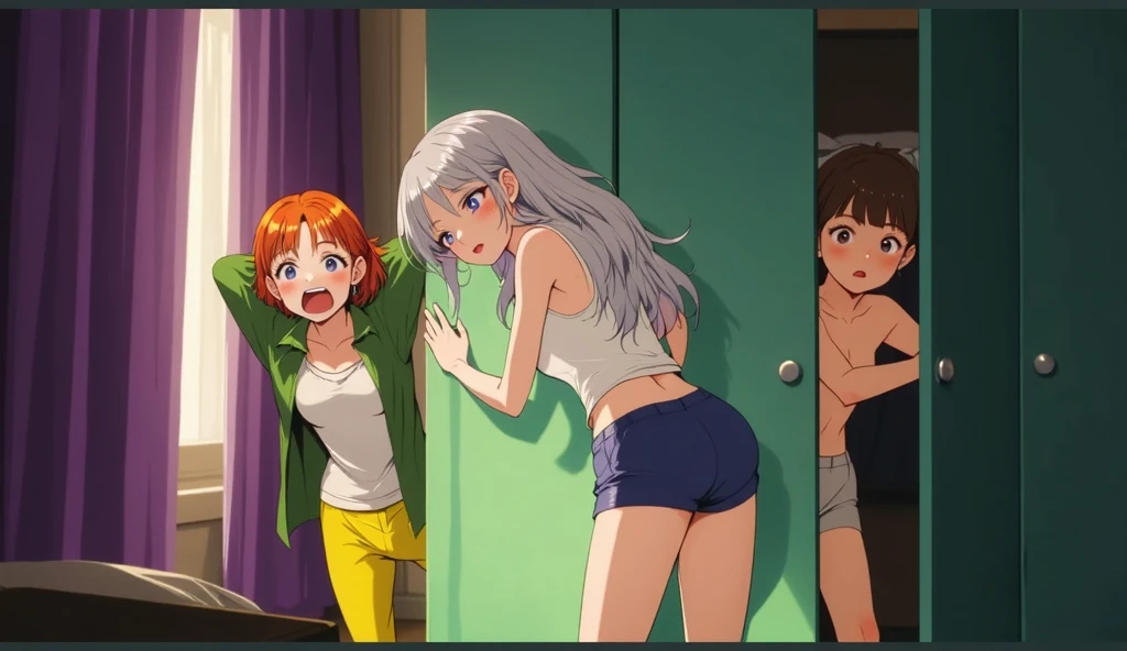 (superflat, flat shading, flat colors:1.2), (bedroom), 3girls, little ???, flat chest, blonde hair, white bra, (white panties), white overknee socks, blush, standing, (changing clothes:1.2), confused, (naked bottom), from behind, view from below, (low angle), bright sunlight, best shadows, vibrant colors, iwish