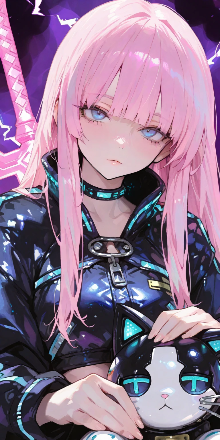 1girl, beautiful girl, pink hair, blue eyes, hime cut hair style,Petting a cute robot cat , cyber punk jacket,a radiant sword,masterpiece, best quality, newest, absurdres,(perfect eyes:1.3),(masterpiece:1.3),(Aesthetic lighting:0.9), purple Lightning background