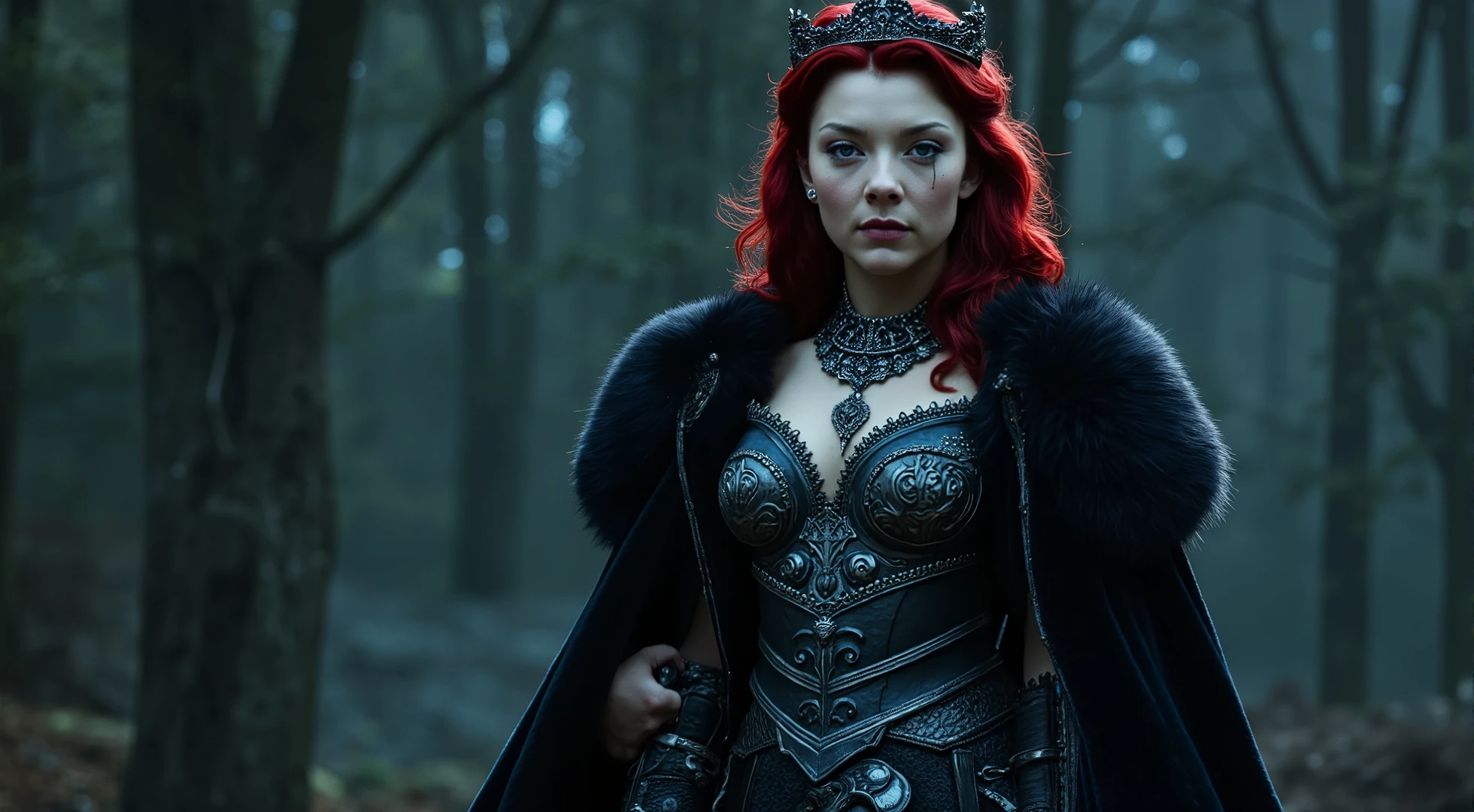 A highly detailed pictureof a ruggedly beautiful gothic warrior queen portrayed by a young Emma Stone wearing a dark gothic fantasy inspired outfit complete with boots with a black steel breastplate with metallic accents and stunning scrollwork in platinum under an elegant black fur cloak inspired by the art of Frank Miller and Conan the Barbarian with armor and jewelry fit for a queen. Her red hair is worn loose beneath her black crown. Her fair, pale skin contrasts with her piercing blue eyes, which radiate quiet intensity and determination. The background is ia forest and midnight blues. She is standing in a dynamic action pose. Trending on Art Station.