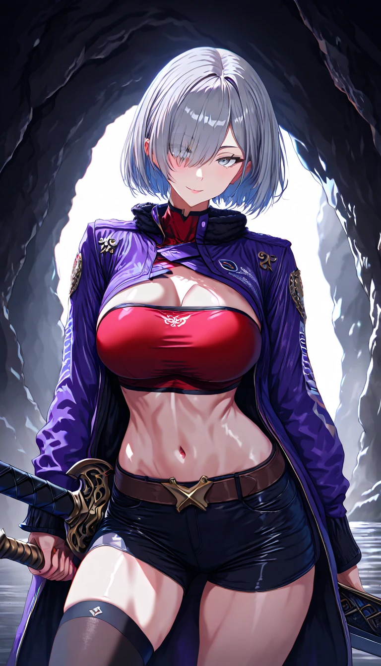 Ivy,short white hair,purple lips ,makeup,blue eyes, large breasts,solo, jogging,  frontal, upper body, arms up, running, 
IYclothes,revealing clothes,single gold gauntlet,blacked underwear ,earrings,shoulder armor,,elbow gloves, underboob, shoulder armor,
cloudy,  mountains in distance, nighttime, stars, 
(insanely detailed, beautiful detailed face, masterpiece, best quality)