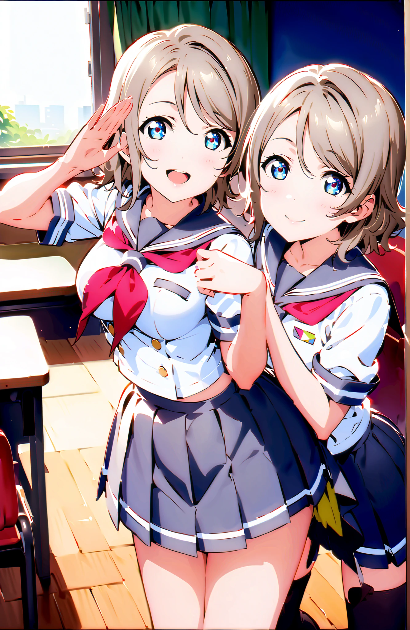 score_9, score_8_up, score_7_up, solo, 1 girl, Watanabe, short hair, medium breasts, Hair,blue eyes,smile,blush,grinning,
break skirt, uniform, short sleeve, pleated skirt, sailor suits, socks, neckerchief, black socks, (red neckerchief:1.2), grey skirt, uranohoshi uniform,She is holding a bouquet of flowers with her left arm,is in a salute pose with his right hand,standing,machine,chairs,curtains,window,noon,綺麗な街並みbreak indoors, Classroom,
break looking at viewer,full body,
break (masterpiece:1.2), best quality, high resolution, Unity 8k 壁紙, (illustrations:0.8), (beautiful detailed eyes:1.6), highly detailed face wearing black, perfect lighting on the table, extremely detailed CG, (perfect hand, perfect anatomy),,