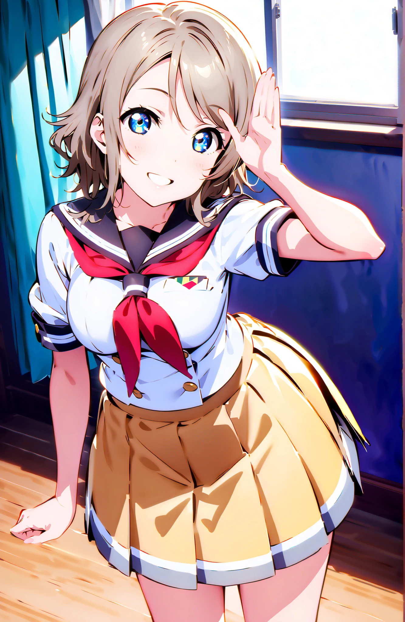 best quality, masterpiece,  
, short hair, orange hair, yellow eyes, tachibana hibiki , hair flower, medium breasts, energetic girl, young girl, petite girl, 
hands out of frame, reaching out, alley, school uniform, white shirt, skirt,  lips, ((pov chest)), from above, ((blush)), aroused,