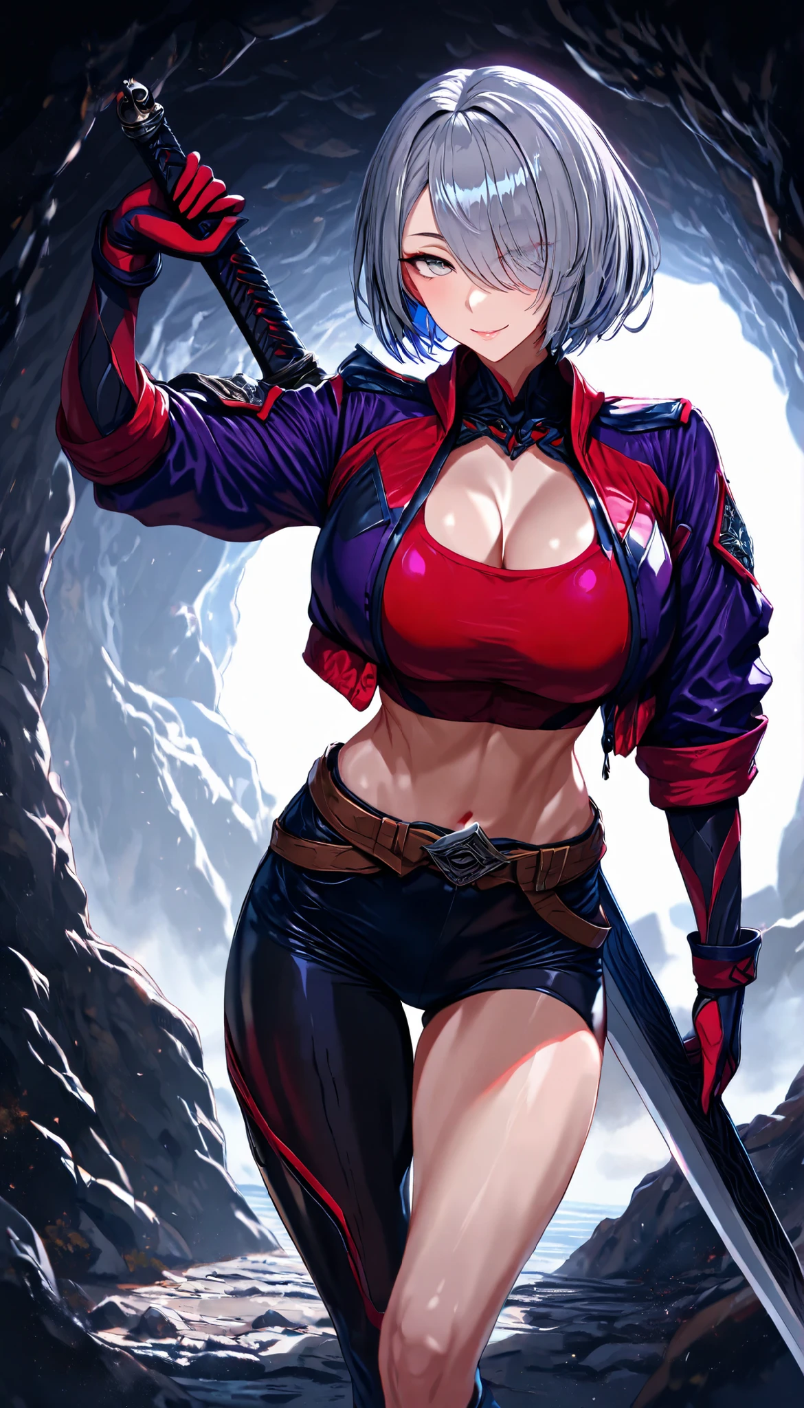 A Female,Perfect body,Oppai, (Grey hair,short hair, hair over left eye),(Grey eyes), (Wearing A Red Tube Top),(Purple Short Interchange Jacket)(Open chest),Black Hot Pants,Black Boots,(Right leg stockings),(Nude left leg),(Right thigh has a brown belt),Exposing Her Abdomen,Seductive smile,Holding A great sword,Standing in front of a cave,UHD, SOLO, anatomically correct, masterpiece, textured skin, high details, highres, 1080P, 16k, accurate，Beautiful face, Perfect face, Highly detailed beautiful face and eyes, Attractive face, Detailed face, Delicate facial features, Detailed skin,Cowboy shot,((hbig bosom))