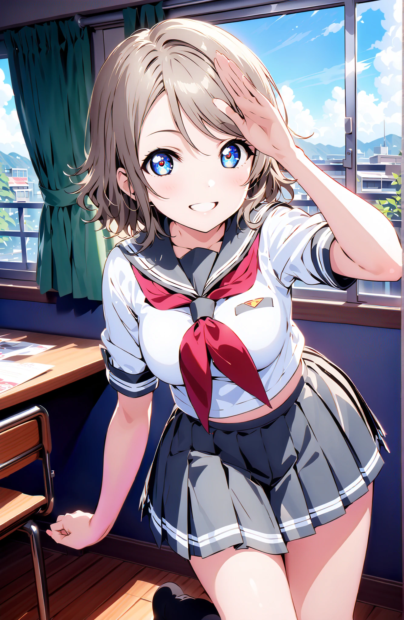 score_9, score_8_up, score_7_up, solo, 1 girl, Watanabe, short hair, medium breasts, Hair,blue eyes,smile,blush,grinning,
break skirt, uniform, short sleeve, pleated skirt, sailor suits, socks, neckerchief, black socks, (red neckerchief:1.2), grey skirt, uranohoshi uniform,She is holding a bouquet of flowers with her left arm,and her right hand is in a salute pose,standing,machine,chairs,curtains,window,noon,綺麗な街並みbreak indoors, Classroom,
break looking at viewer,full body,
break (masterpiece:1.2), best quality, high resolution, Unity 8k 壁紙, (illustrations:0.8), (beautiful detailed eyes:1.6), highly detailed face wearing black,  perfect lighting on the table, extremely detailed CG, (perfect hand, perfect anatomy),,