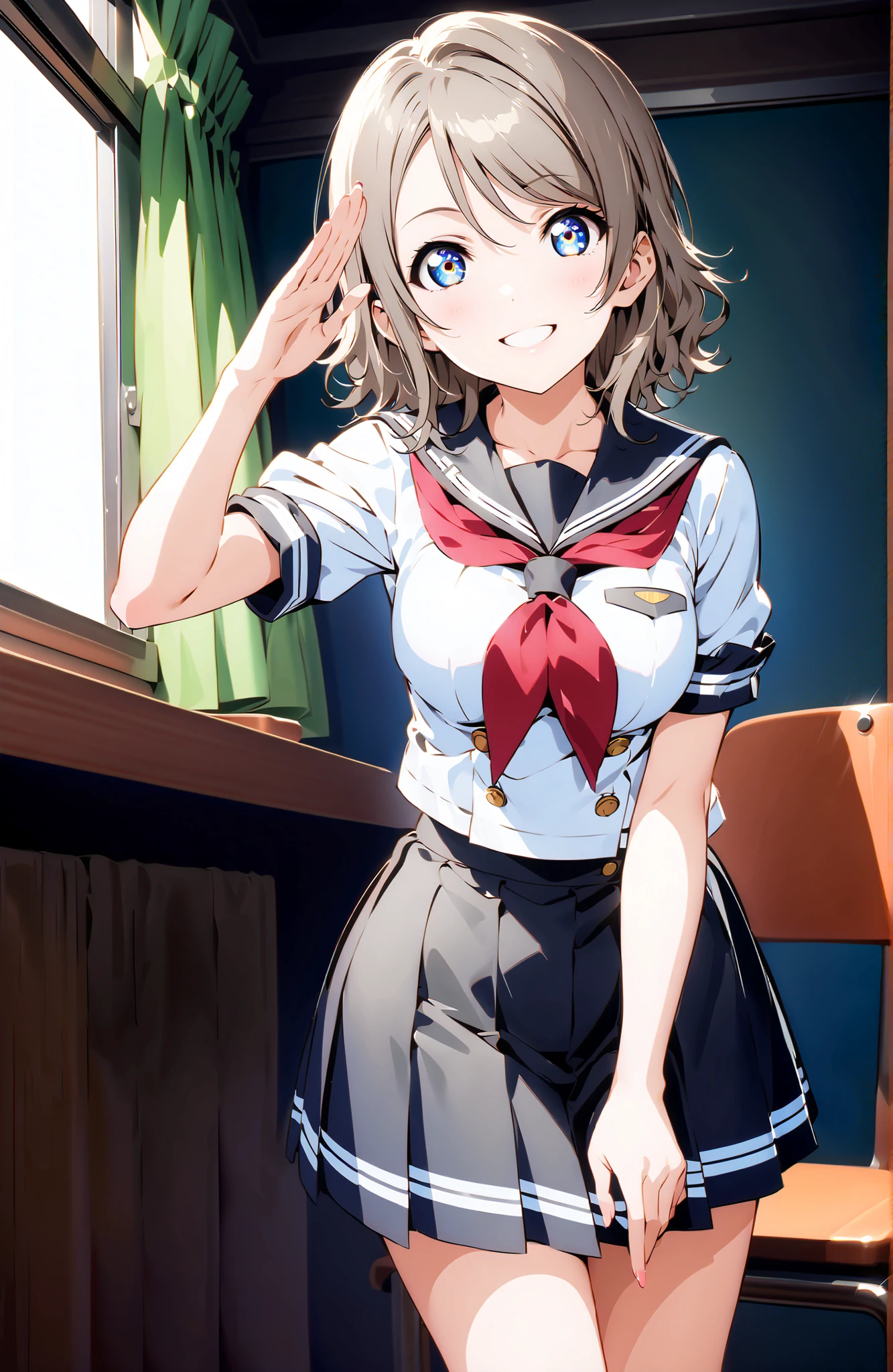 score_9, score_8_up, score_7_up, solo, 1 girl, Watanabe, short hair, medium breasts, Hair,blue eyes,smile,blush,grinning,
break skirt, uniform, short sleeve, pleated skirt, sailor suits, socks, neckerchief, black socks, (red neckerchief:1.2), grey skirt, uranohoshi uniform,She is holding a bouquet of flowers with her left arm,is in a salute pose with his right hand,standing,machine,chairs,curtains,window,noon,綺麗な街並みbreak indoors, Classroom,
break looking at viewer,full body,
break (masterpiece:1.2), best quality, high resolution, Unity 8k 壁紙, (illustrations:0.8), (beautiful detailed eyes:1.6), highly detailed face wearing black, perfect lighting on the table, extremely detailed CG, (perfect hand, perfect anatomy),,