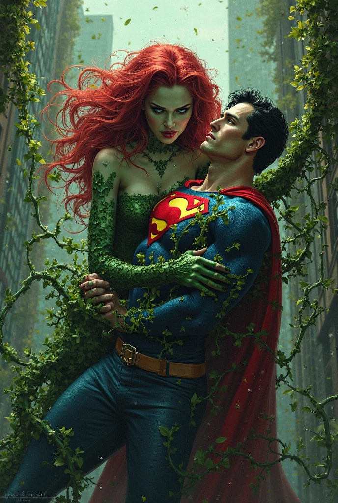 (((Poison Ivy))), (((Superman))), High quality, best quality, masterpiece, (1boy1 1girl), (hetero:1.5), mature woman, curves, long wavy redhead hair, green eyes. cleavage. (((woman wearing slingshot bikini))), reverse cowgirl, close up, from front, legs spread, breast grab, sfw